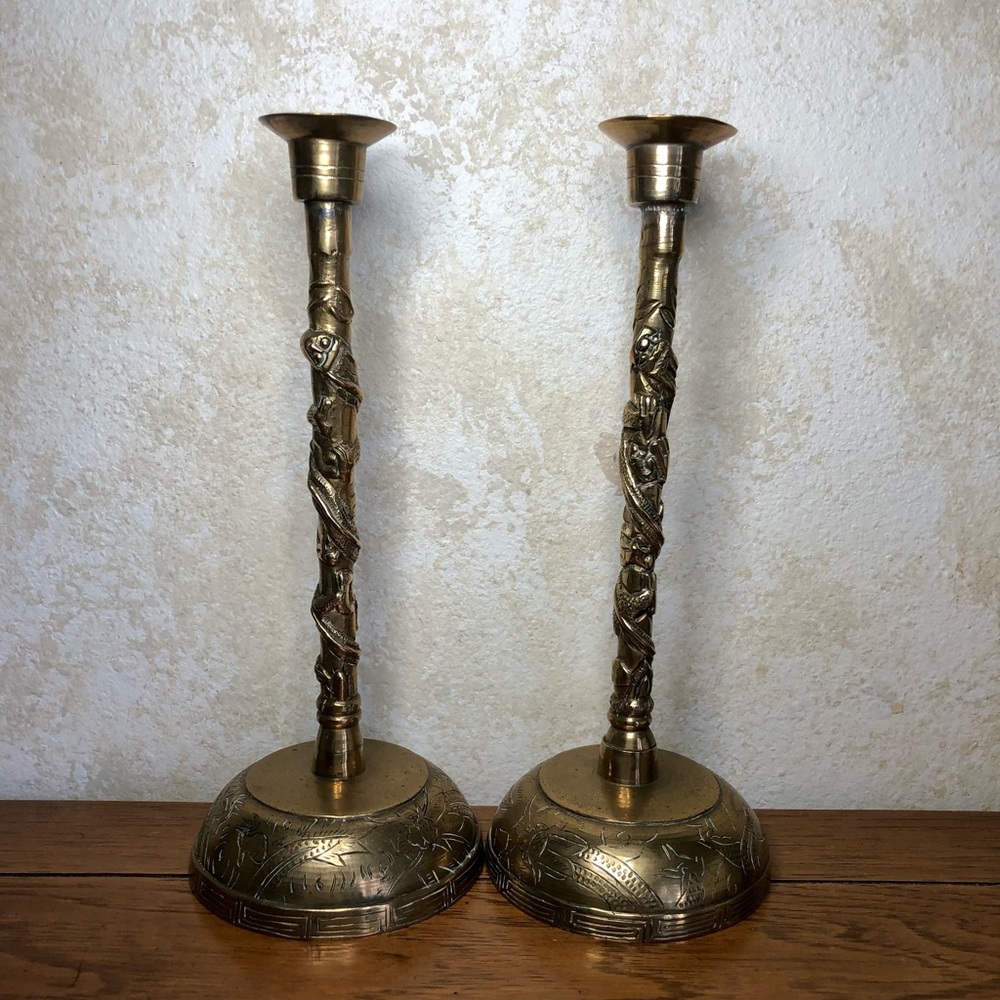 China hand made brass dragon candle holders